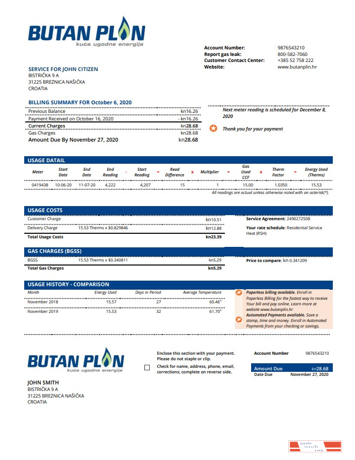 Croatia BUTAN PLIN d.o.o. gas utility bill